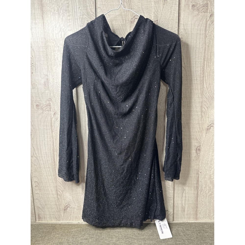 Womens M Black Sparkly Cowl Neck Open Back Long Sleeve Sexy Mini Cocktail Dress